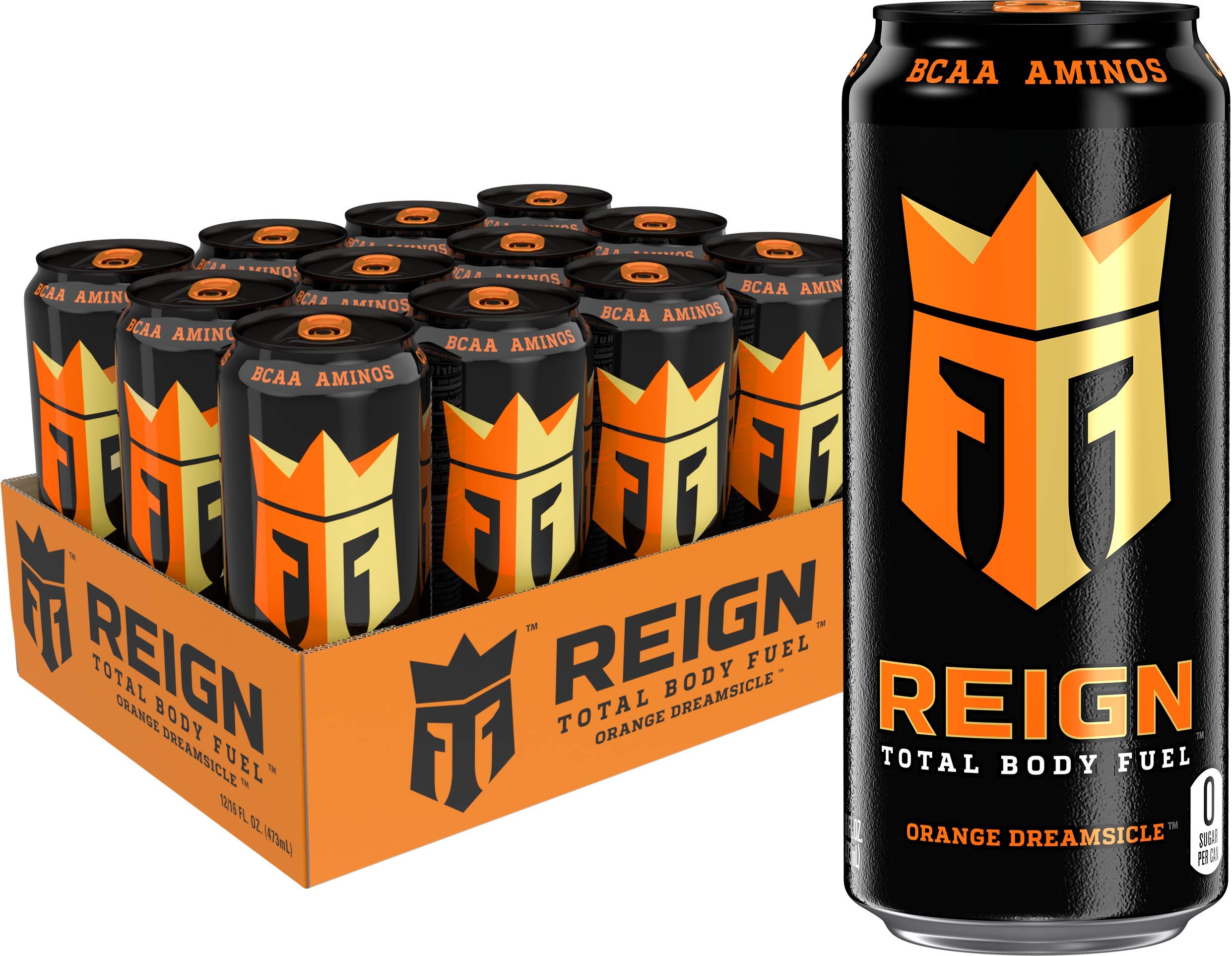 Reign Orange Dreamsicle bottle showing zero sugar energy for workouts.