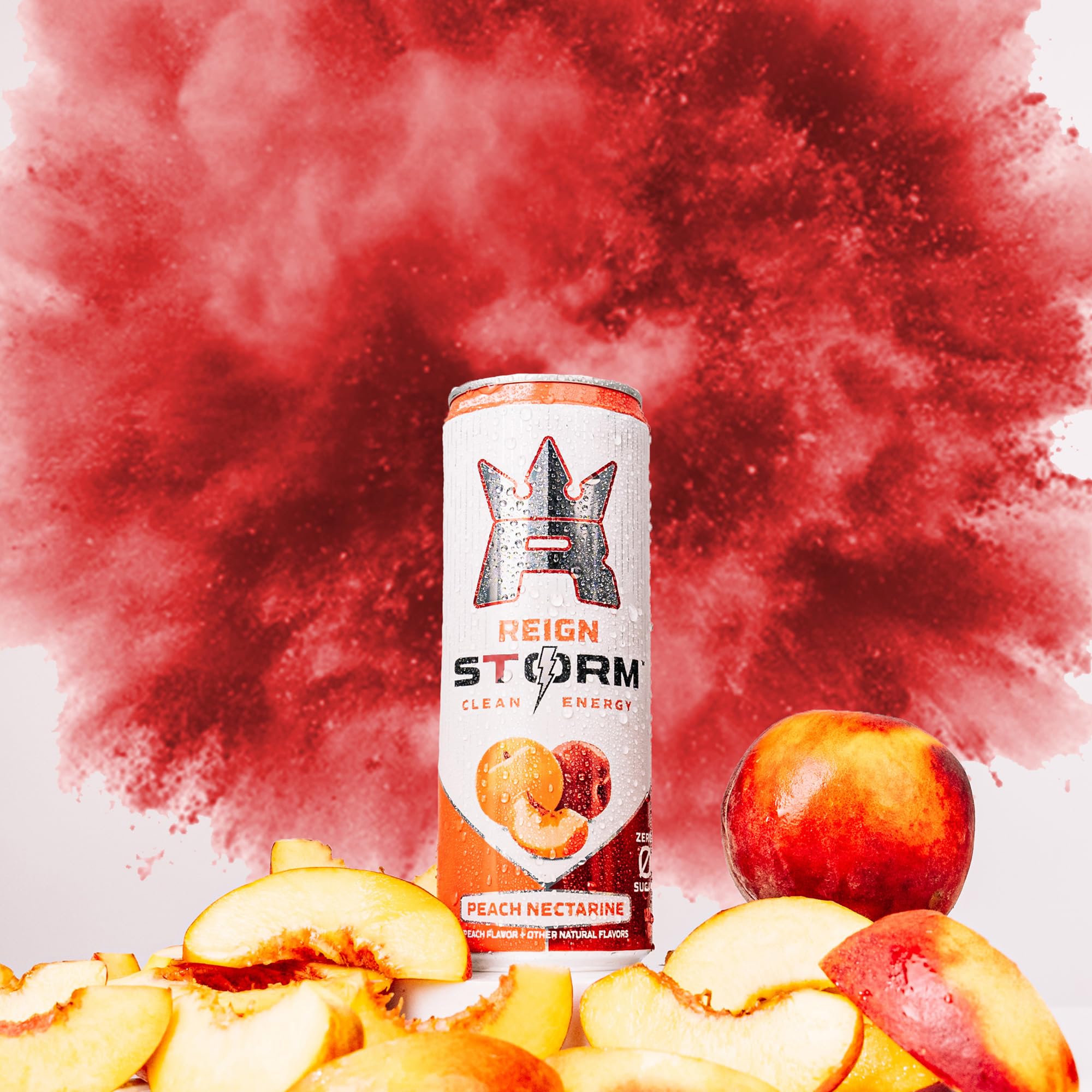 12-pack REIGN Storm packaging shown for on-the-go refreshment.