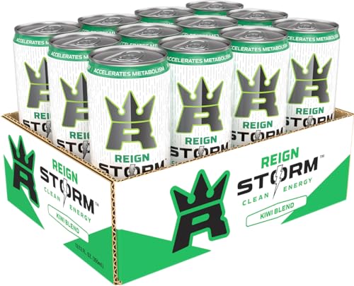 REIGN Storm kiwi-apple label closeup highlighting the vitamin blend.