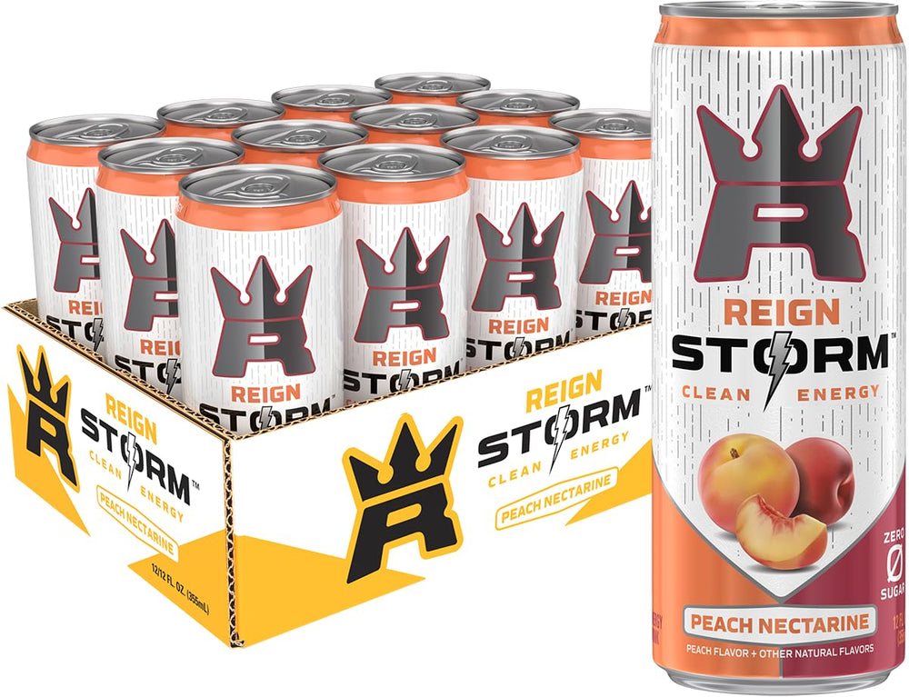 REIGN Storm Peach Nectarine can showcasing clean energy and flavor.