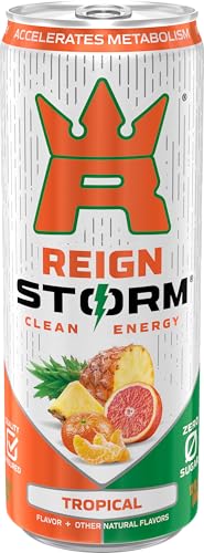 REIGN Storm Tropical label graphics showcase tropical blend and safety-forward formula.