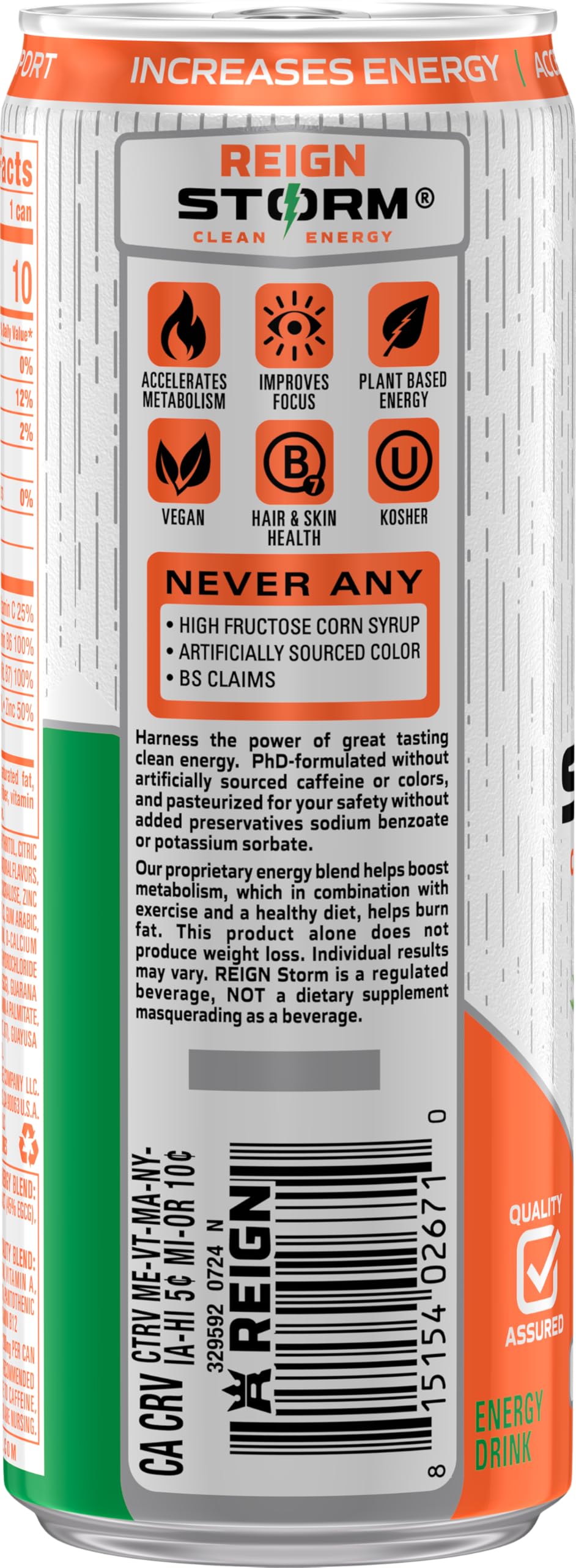 REIGN Storm Tropical liquid closeup reveals vibrant color and refreshing aroma.