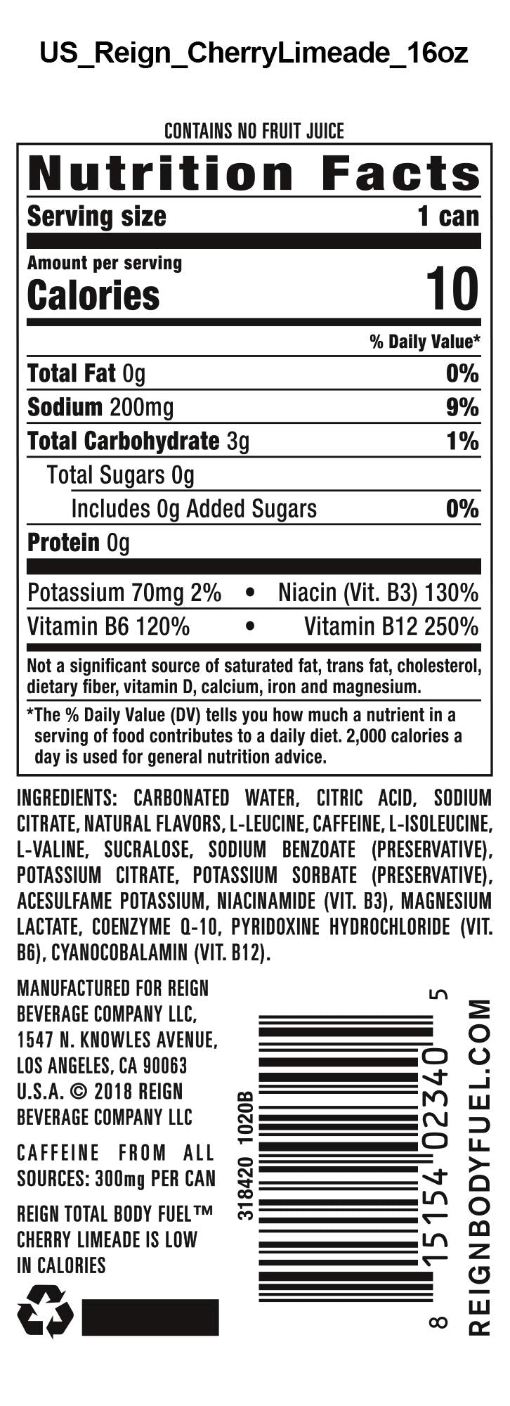 Reign Total Body Fuel Cherry Limeade bottle demonstrates zero sugar hydration during workouts.