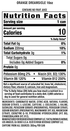 Reign Total Body Fuel label featuring 300 mg caffeine and electrolytes.