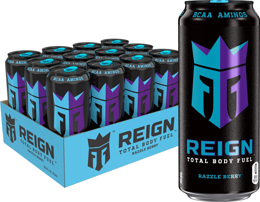 Reign Total Body Fuel Razzle Berry can with zero sugar and bold flavor.