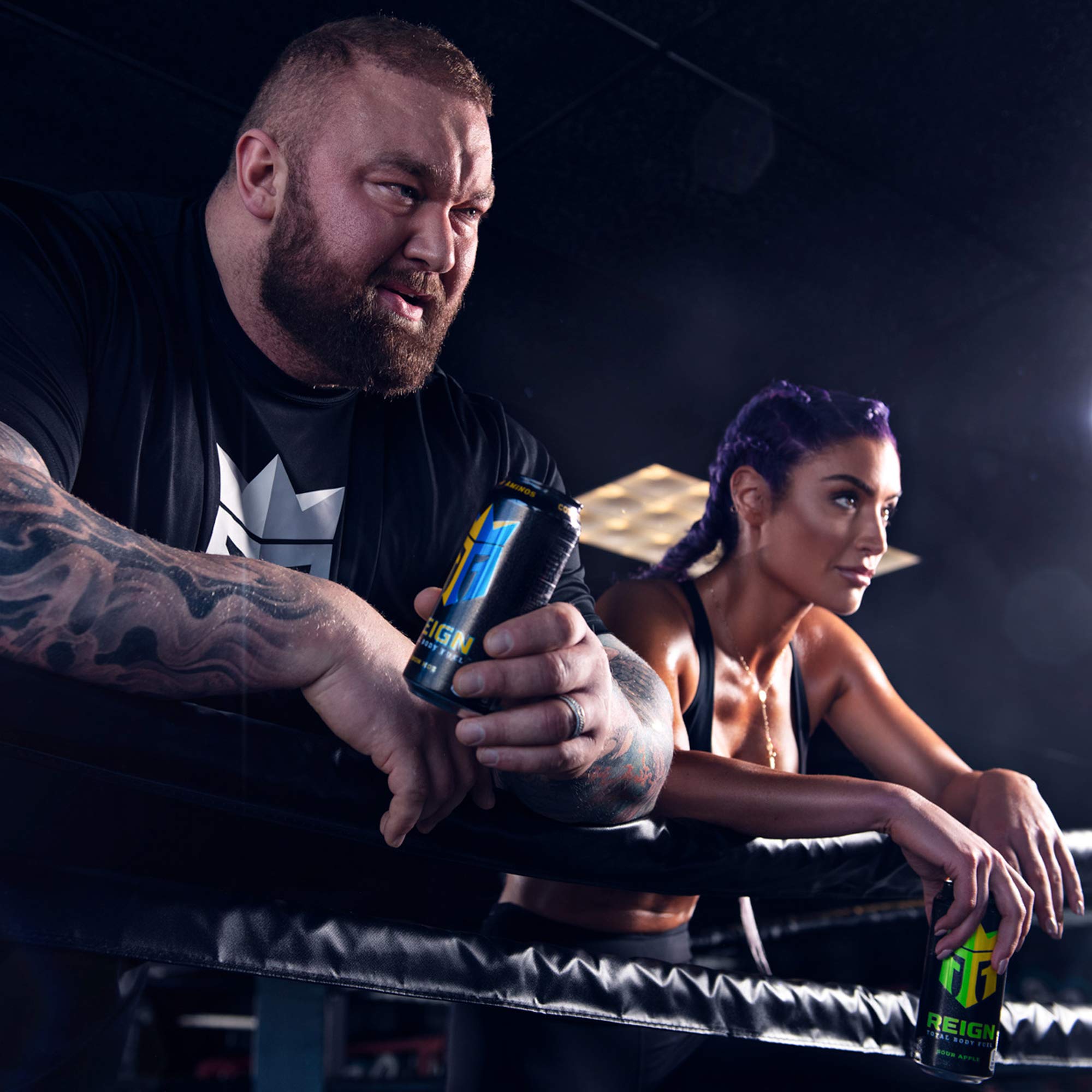 Icy electrolytes splash indicating hydration from Reign Total Body Fuel Razzle Berry.