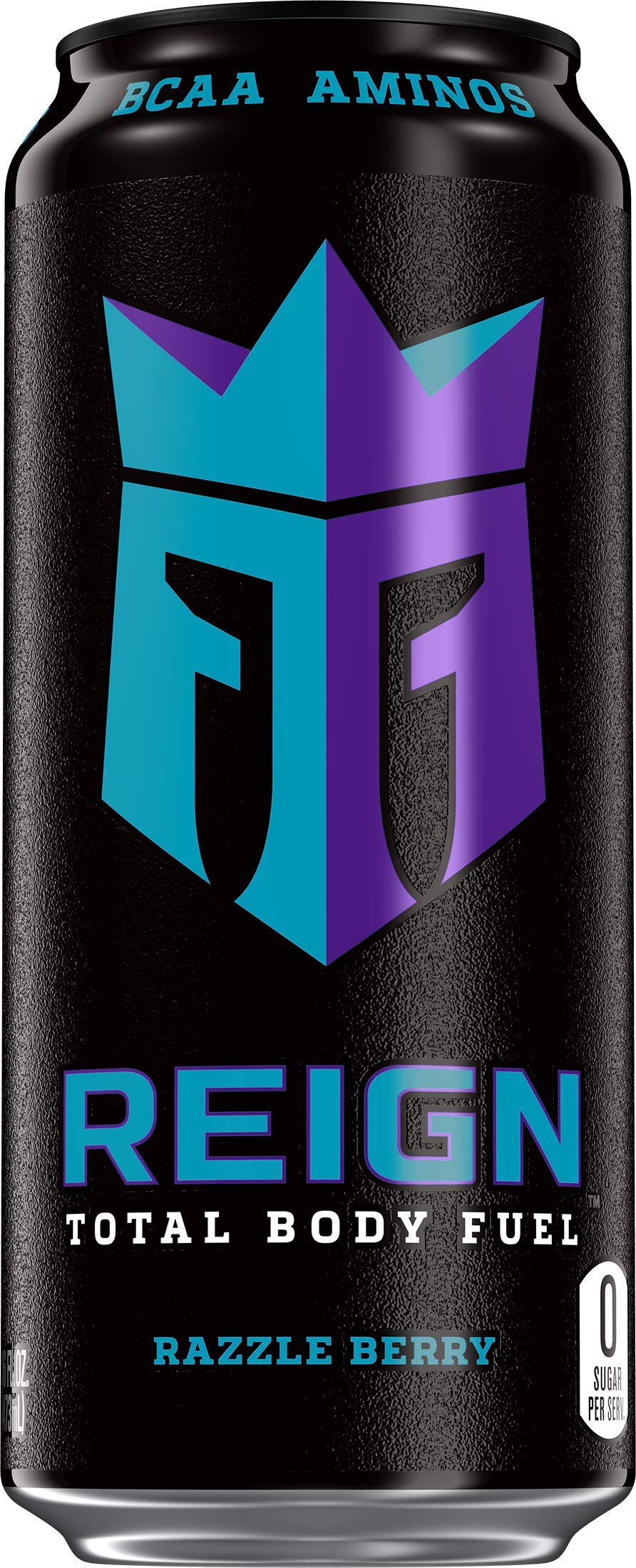 Close-up of Reign Total Body Fuel Razzle Berry label highlighting clean ingredients.