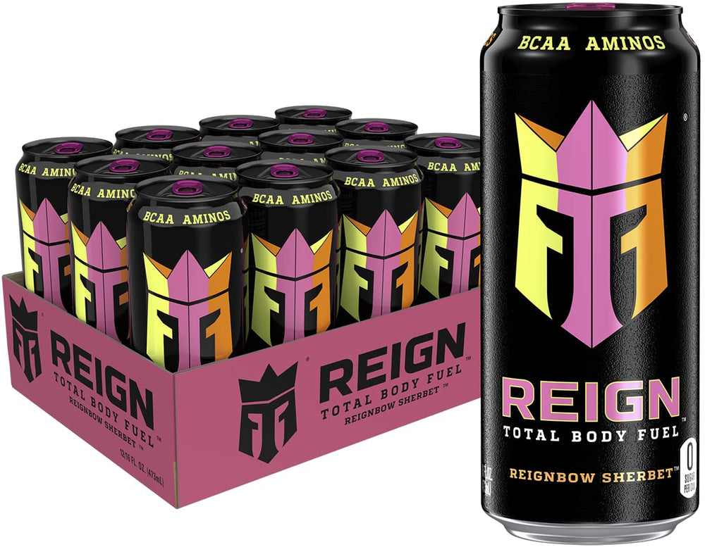REIGN Total Body Fuel Reignbow Sherbet can, a vibrant energy option for workouts.