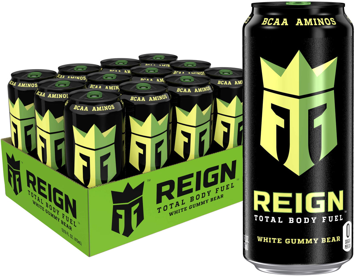 Reign Total Body Fuel White Gummy Bear can for high-performance hydration and sustained energy during workouts