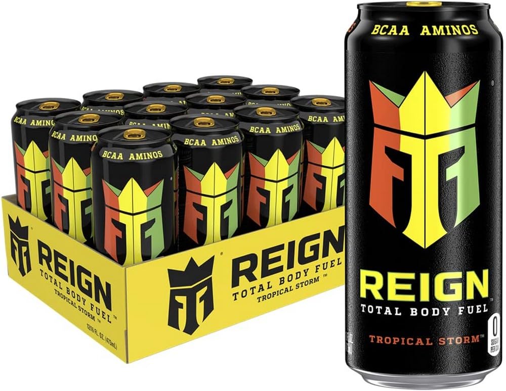 REIGN Tropical Storm bottle front view showing zero sugar and citrus flavor for workouts