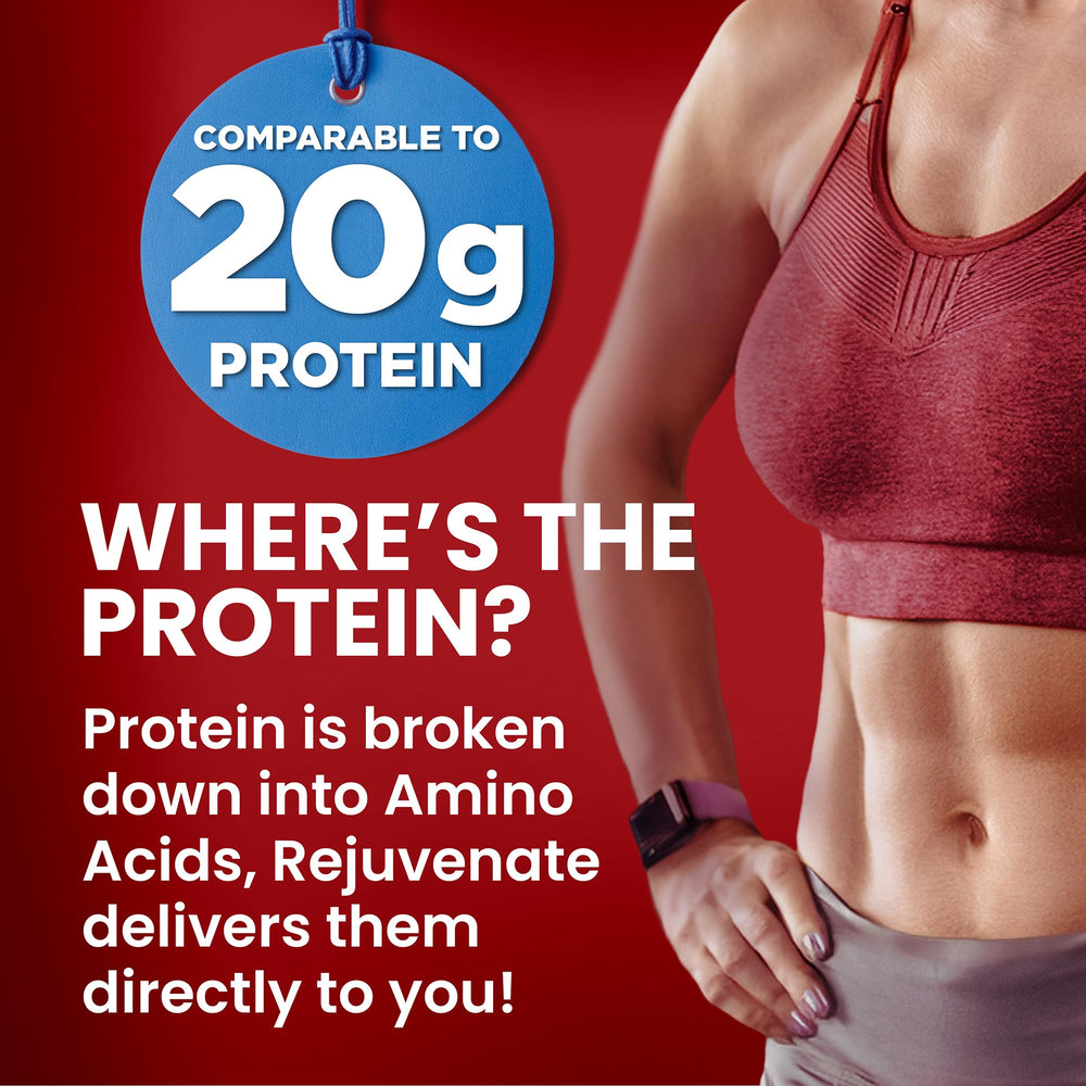 Front packaging of Rejuvenate Perfect Amino Stick emphasizes portable vegan protein option.