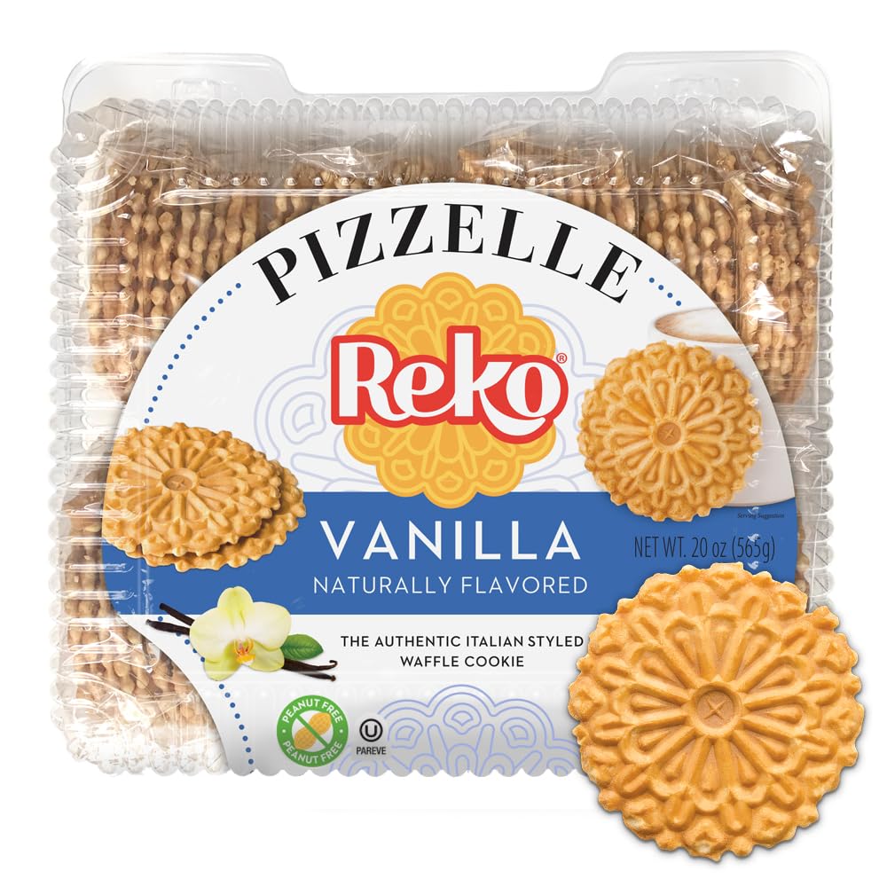 Reko pizzelle vanilla cookie on plate, crispy bite and low-calorie appeal.