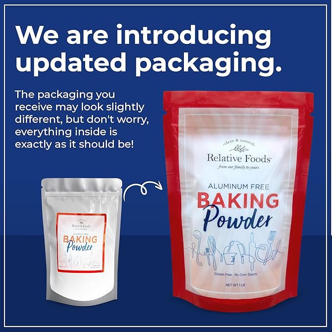 Relative Foods Baking Powder on a kitchen counter offers gluten-free and aluminum-free baking reassurance