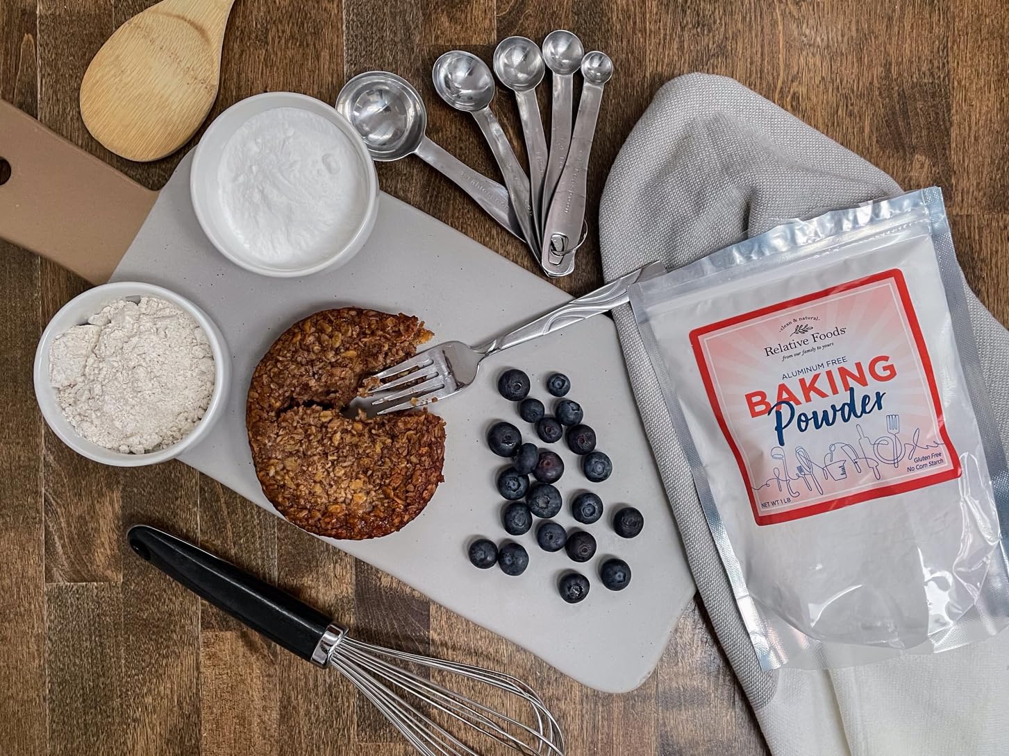 Relative Foods Baking Powder label closeup highlights USA-made allergen-free facility
