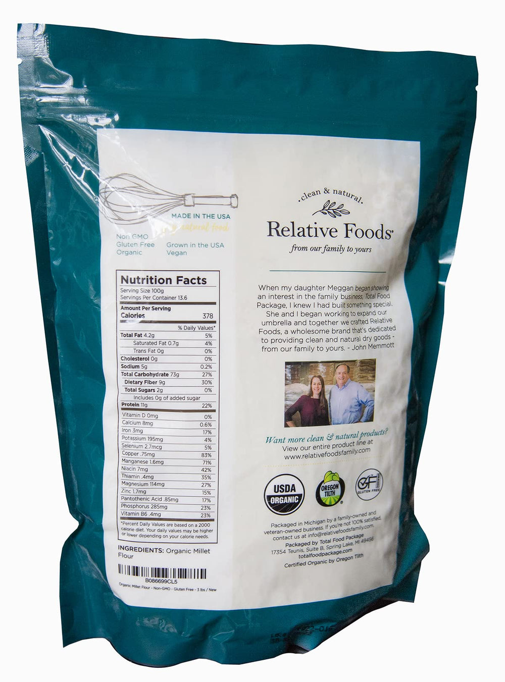 Relative Foods Millet Flour gluten-free pouring scene, ideal for quick gluten-free bakes.