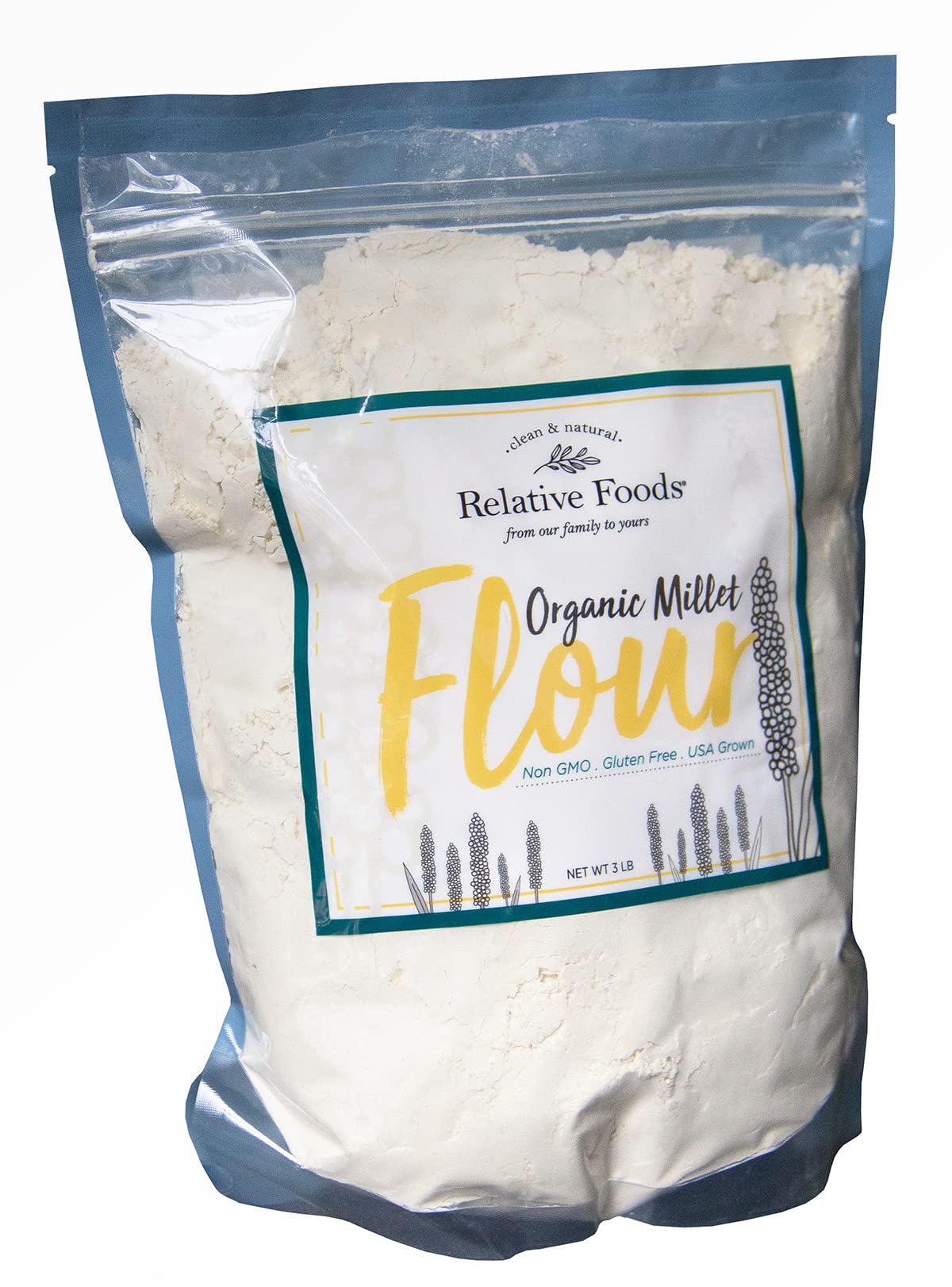 Relative Foods Millet Flour USDA Organic bag, gluten-free and protein-rich for versatile baking.