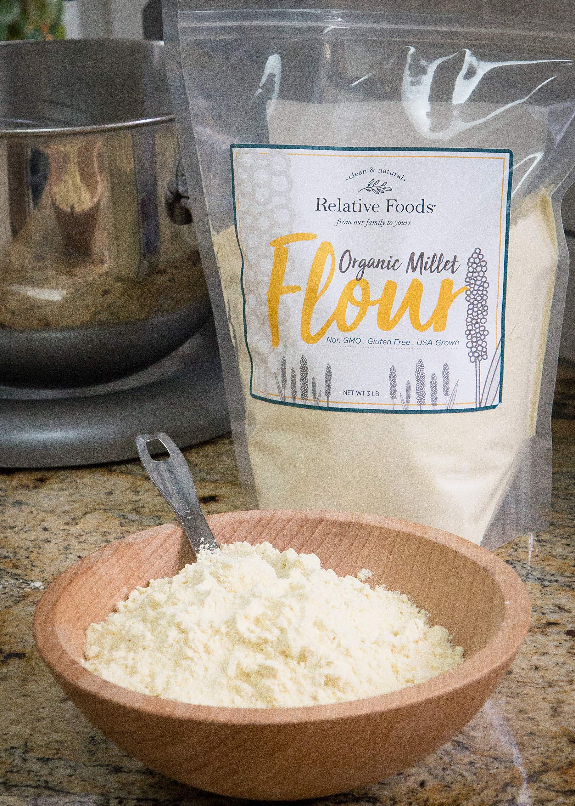Relative Foods Millet Flour vegan allergen-free facility packaging emphasizing clean ingredients.