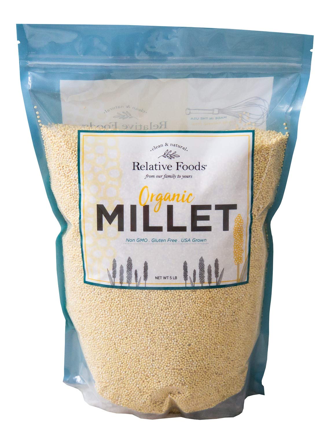 Relative Foods hulled millet seed bag close-up highlighting gluten-free whole grain