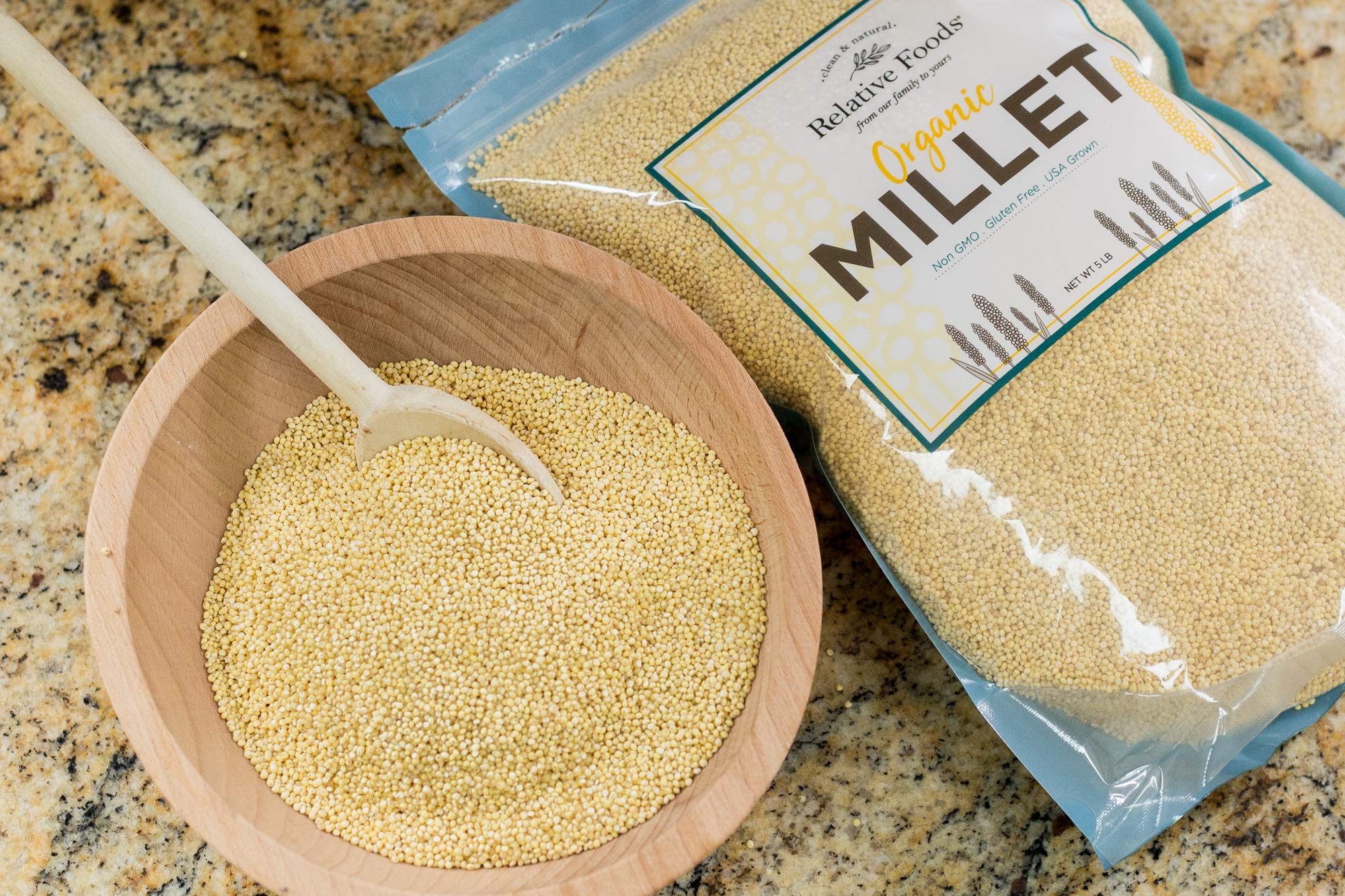 Relative Foods millet seed packaging with resealable bag preserving freshness