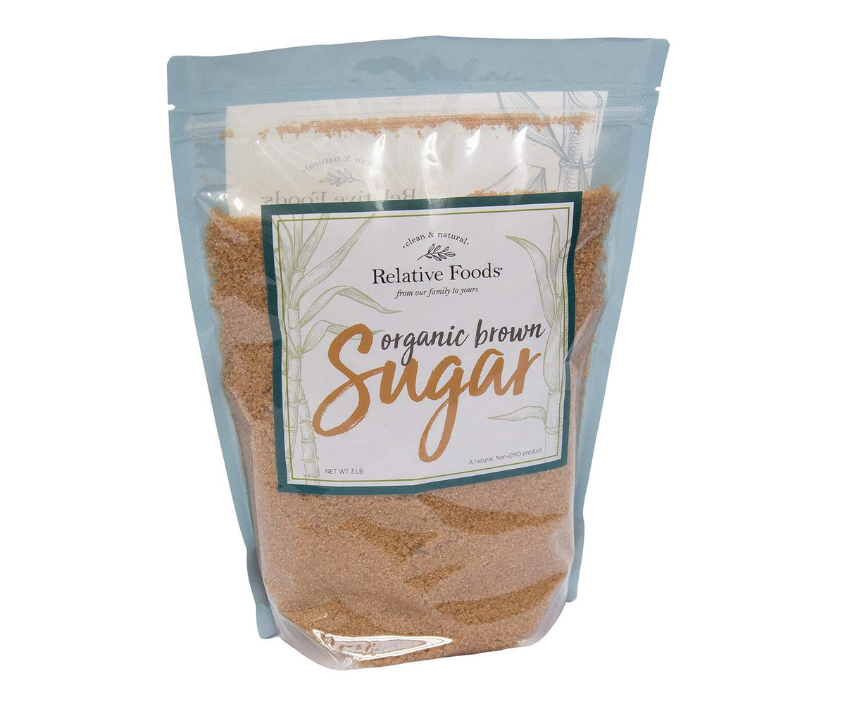Relative Foods Organic Brown Sugar 3lb bulk bag, ideal for baking.
