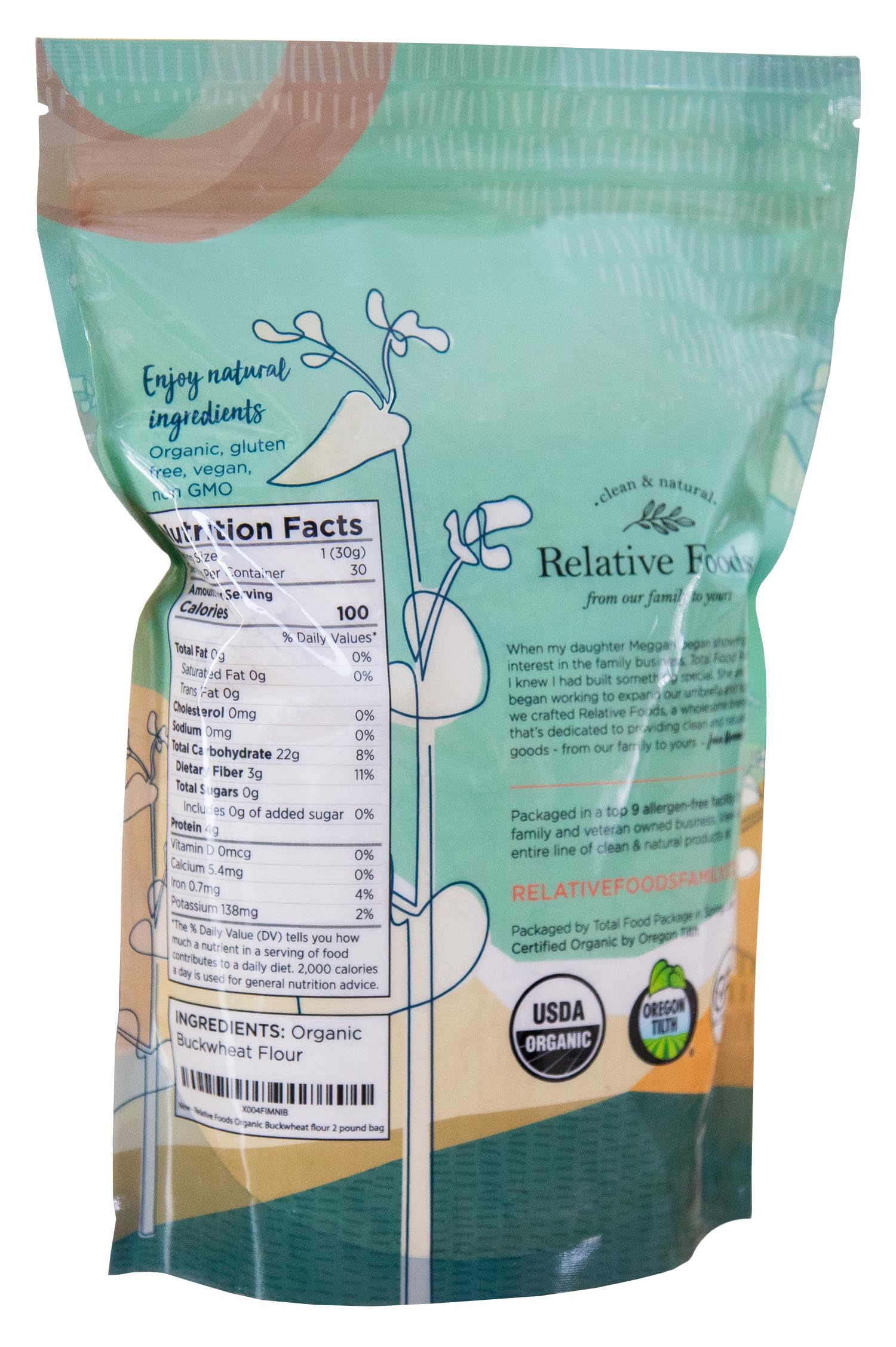 Relative Foods organic buckwheat flour closeup of whole grains for fiber.
