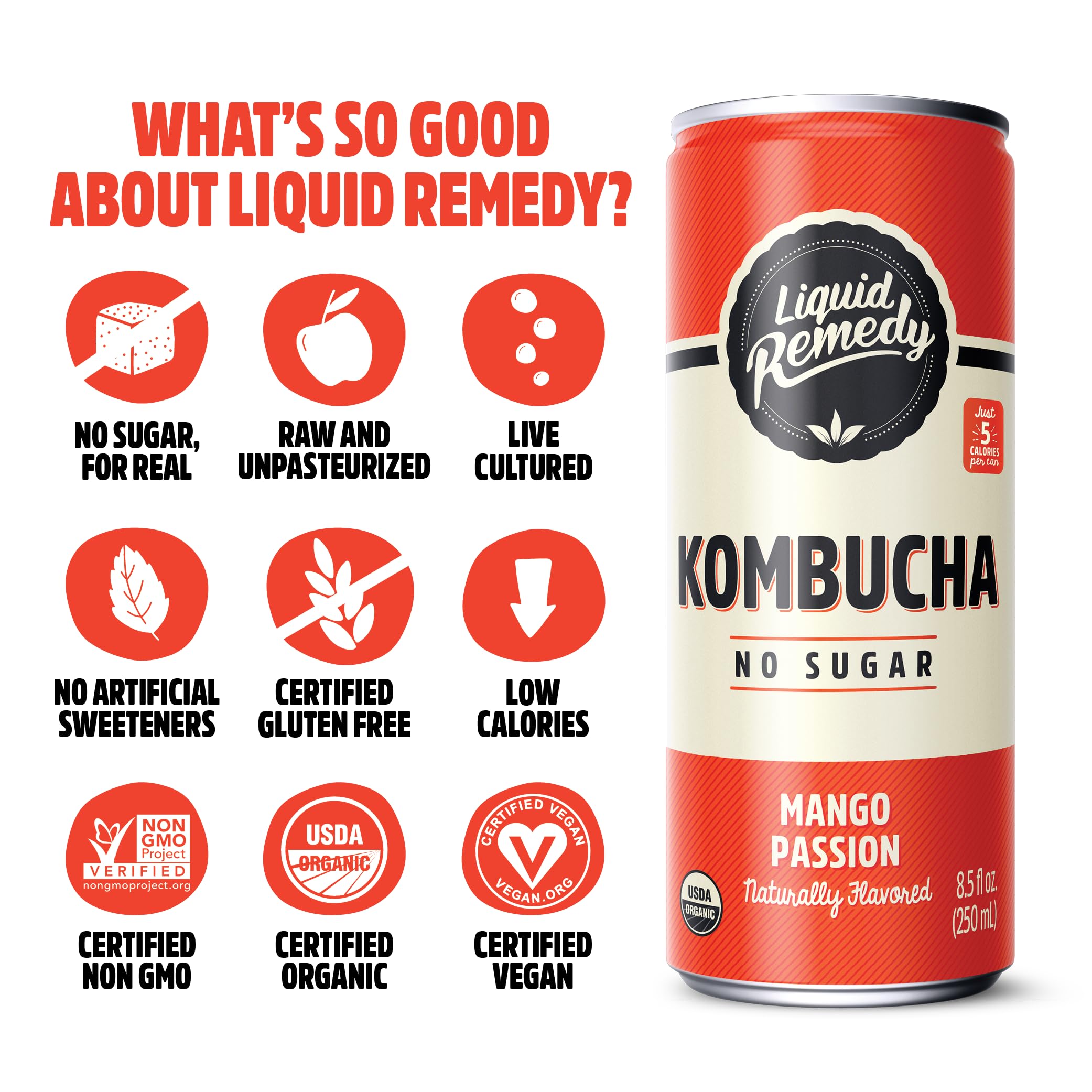 Remedy Liquid Mango Passion pour into glass showcases fruity flavor and probiotic-like refreshment.