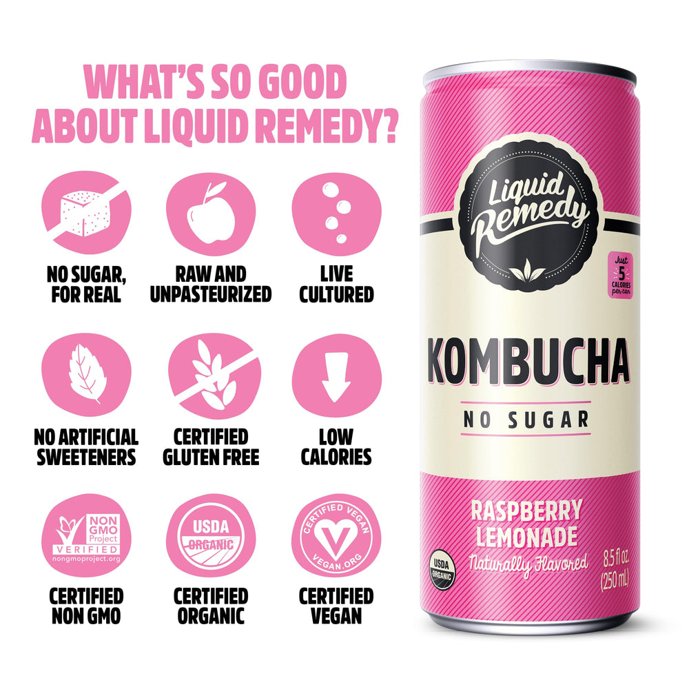 Remedy Liquid Remedy raspberry-lemonade glass pour demonstrates effervescent gut-friendly flavor