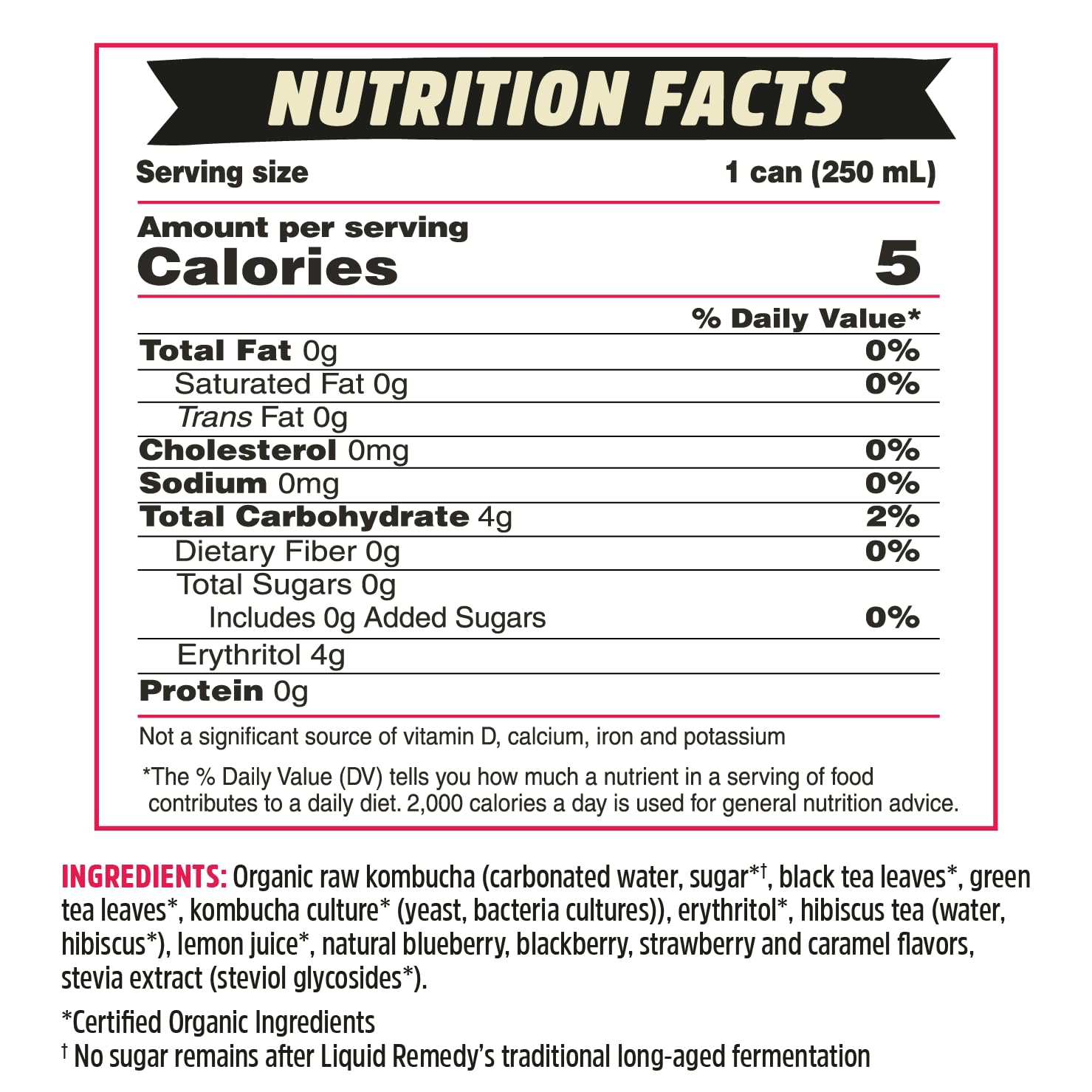 Remedy Liquid Remedy sugar-free label close-up highlights organic, low-calorie option