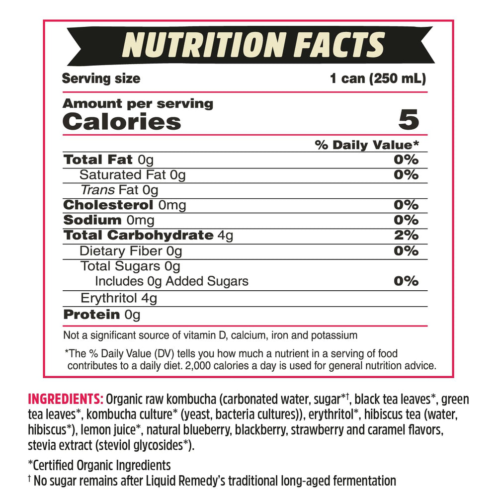 Remedy Liquid Remedy sugar-free label close-up highlights organic, low-calorie option