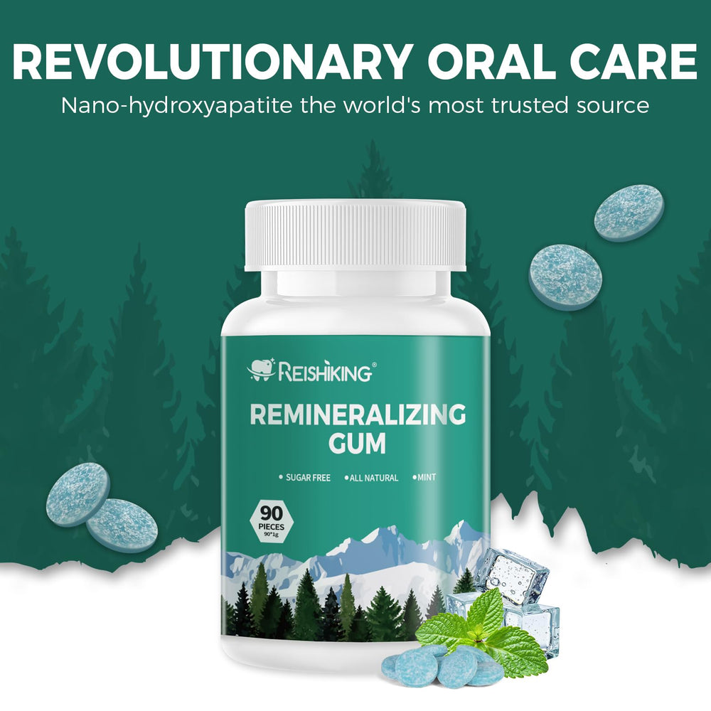 REISHIKING Remineralizing Gum box back lists vegan, sugar-free, and keto-friendly formula.