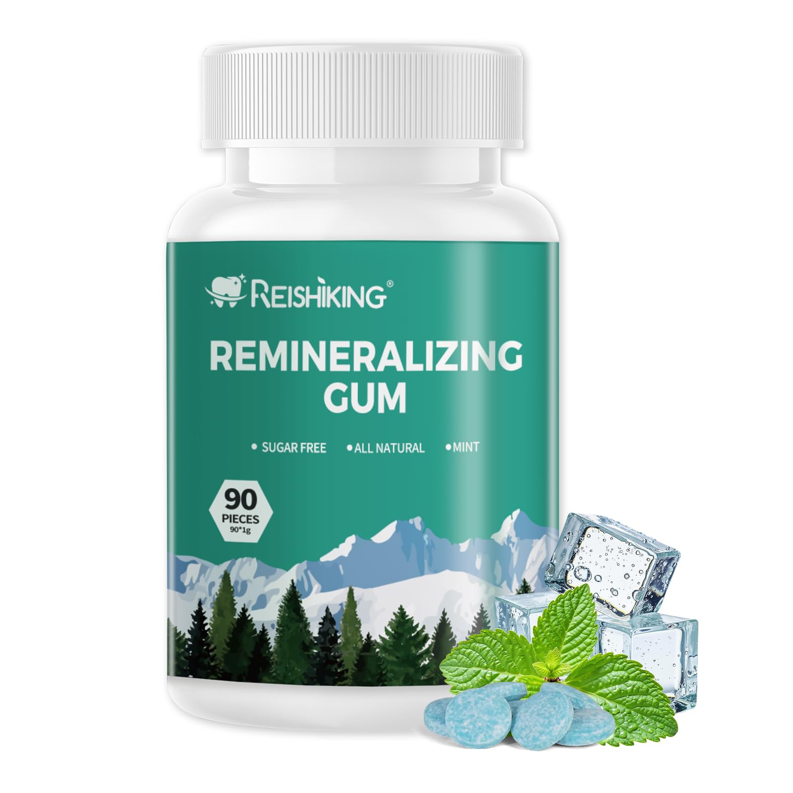 REISHIKING Remineralizing Gum packaging front shows mint flavor and two-piece design for after-meal freshness.