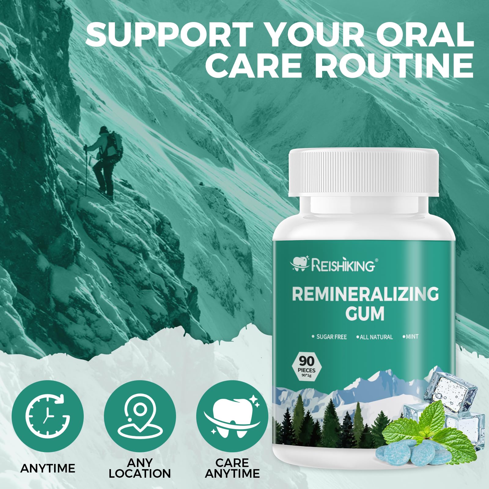 REISHIKING Remineralizing Gum pieces close-up shows texture and hydroxyapatite particles for enamel care.