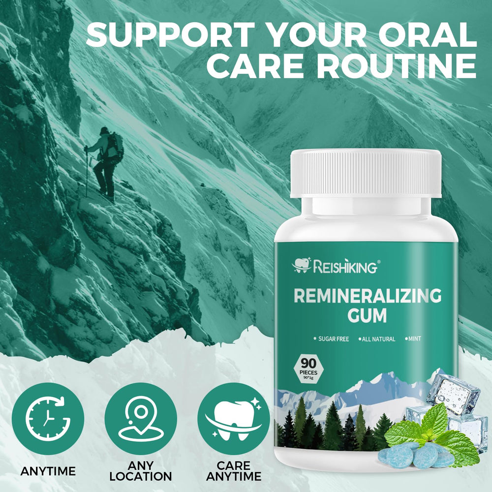 REISHIKING Remineralizing Gum pieces close-up shows texture and hydroxyapatite particles for enamel care.