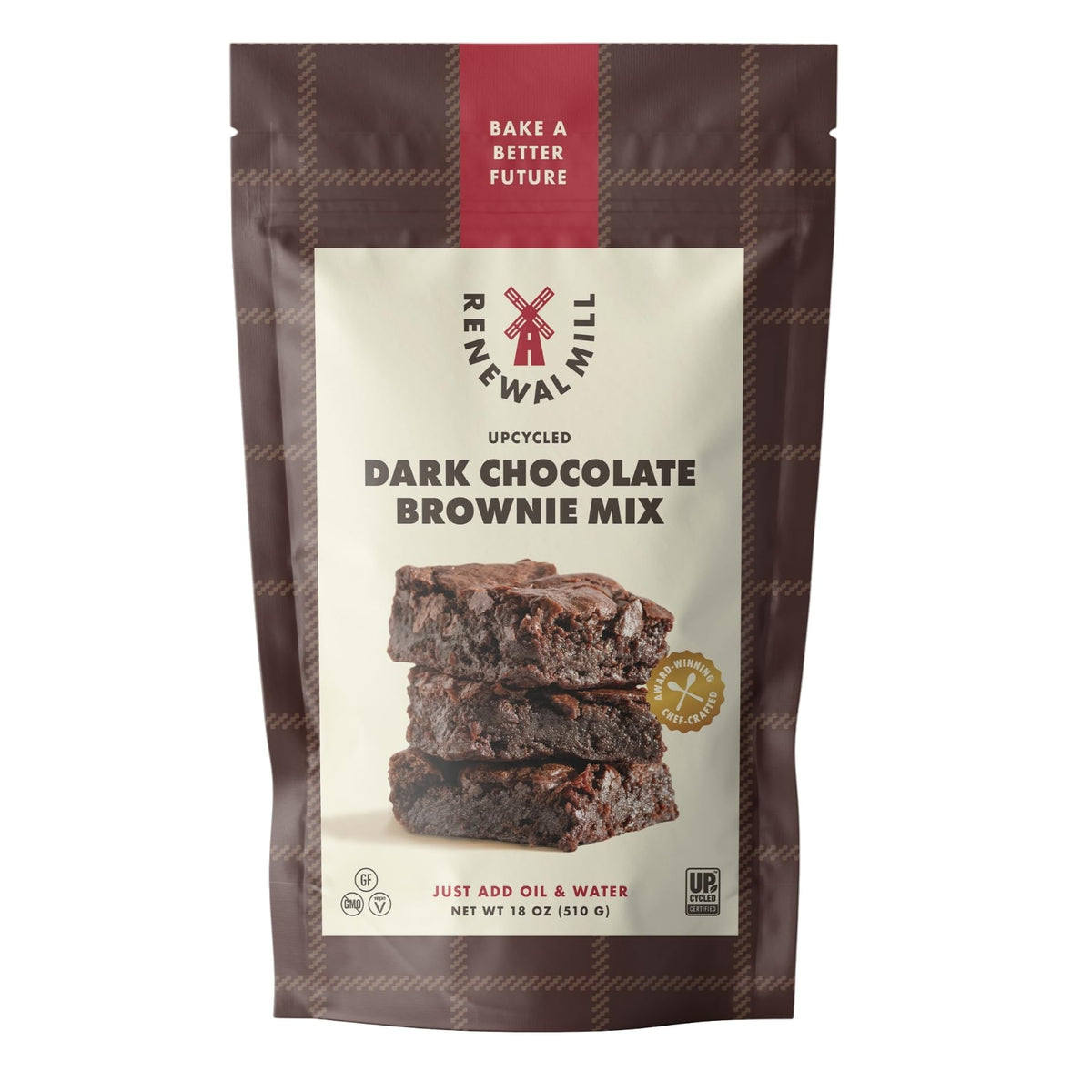 Renewal Mill dark chocolate brownie mix packaging, gluten-free vegan option.
