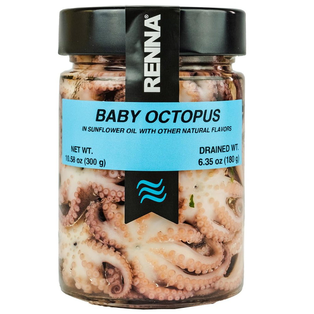 Renna baby octopus in oil on a serving board, ready to enjoy.