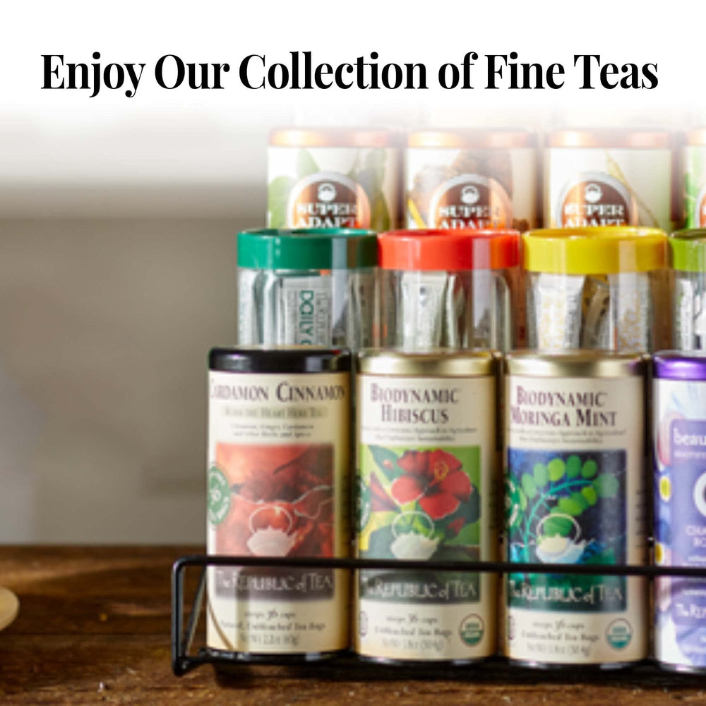Cozy tea-time setup showing The Republic of Tea Almond Coconut Macaroon for a guilt-free moment