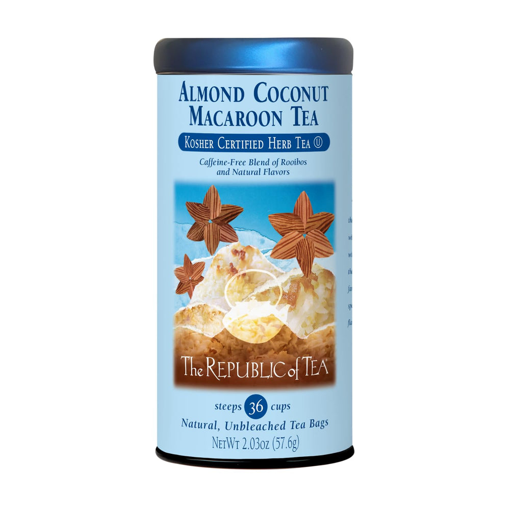 The Republic of Tea Almond Coconut Macaroon Red Rooibos tin front view, calorie-free indulgence