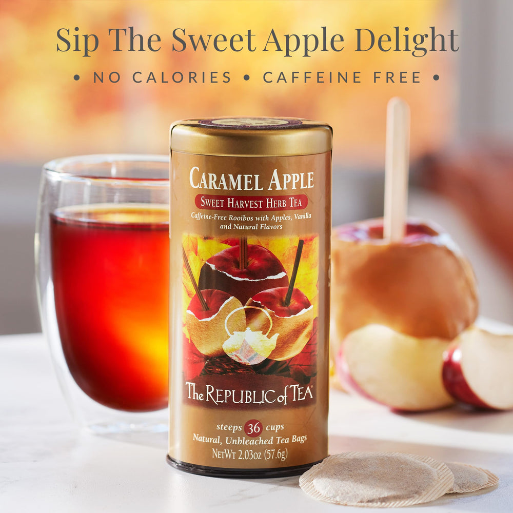 The Republic of Tea dried ingredients highlight rooibos and apple notes.
