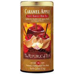 The Republic of Tea caramel apple red tea packet closeup for autumn flavor exploration.