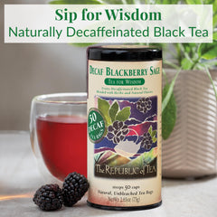 The Republic of Tea decaf blackberry sage tea bags closeup, showcasing convenient 50-bag tin.