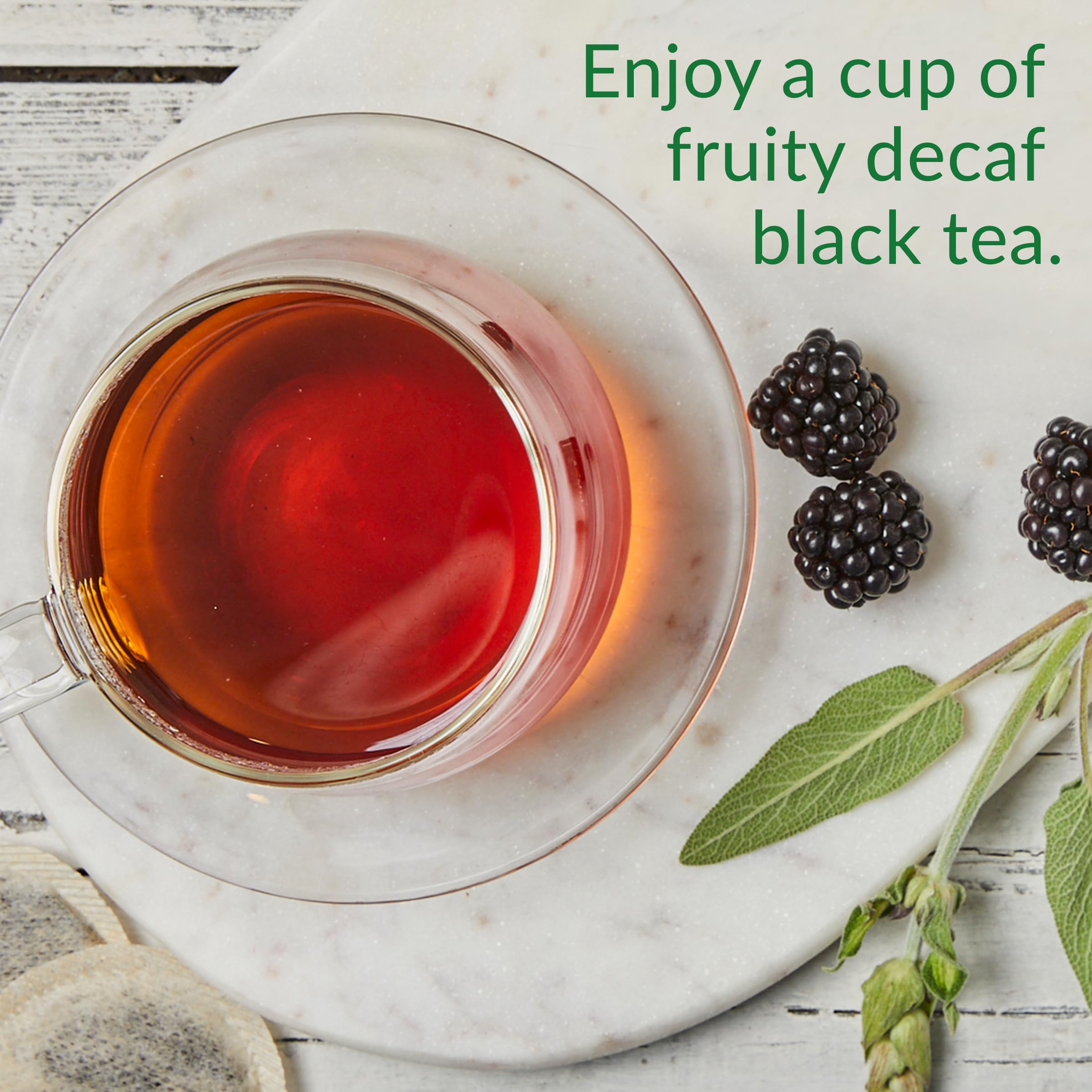 The Republic of Tea decaf blackberry sage tea cup steeping image, aromatic and soothing.