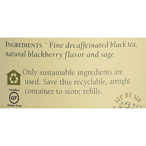 The Republic of Tea decaf blackberry sage tea open tin, easy scoop for quick cups.