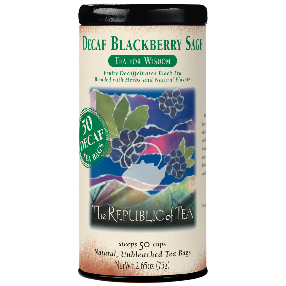 The Republic of Tea decaf blackberry sage tea tin front view for easy daily brewing.