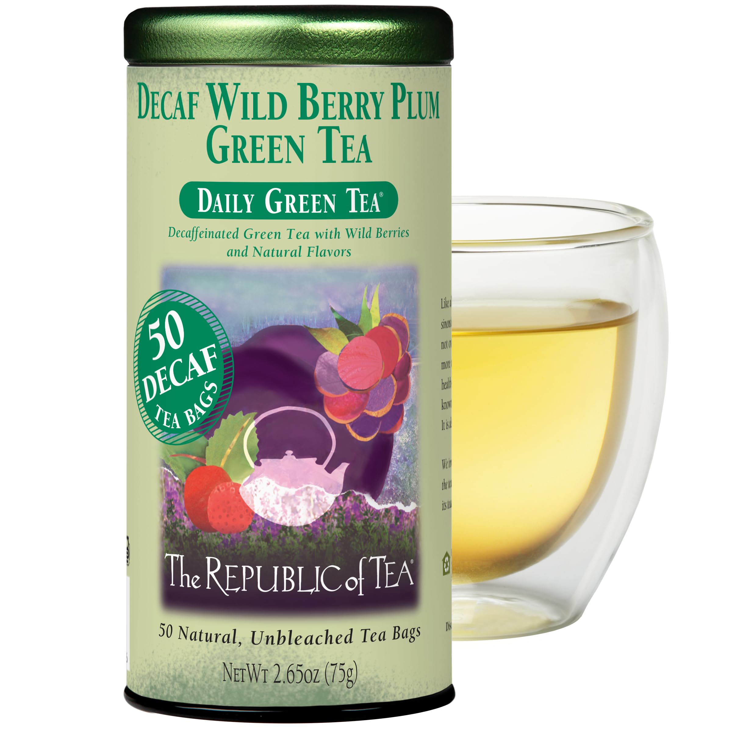 The Republic of Tea Decaf Wild Berry Plum tin showcase, premium fruit notes in every cup
