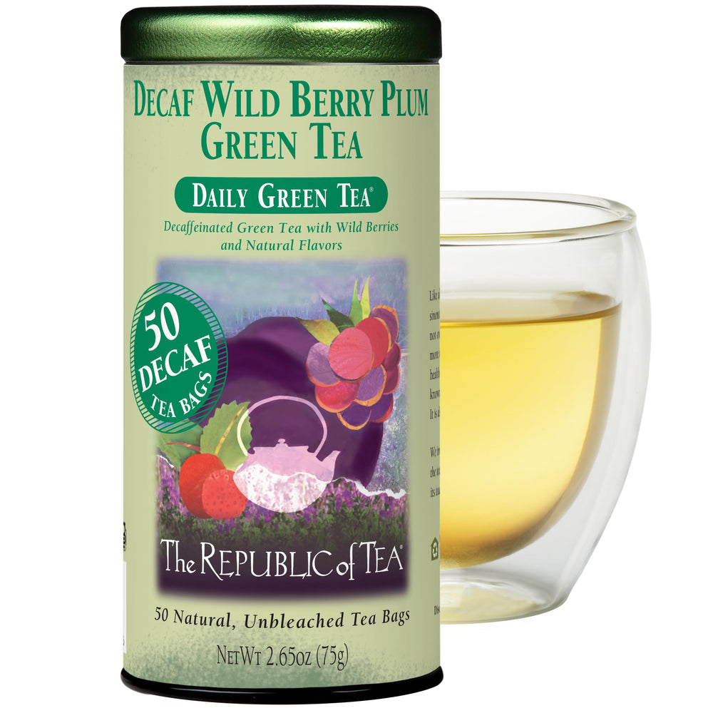 The Republic of Tea Decaf Wild Berry Plum tin showcase, premium fruit notes in every cup