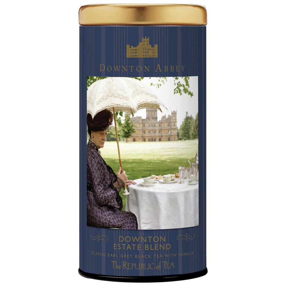 The Republic of Tea Downton Abbey Estate Blend tea bags closeup, highlighting premium packaging and inviting aroma.
