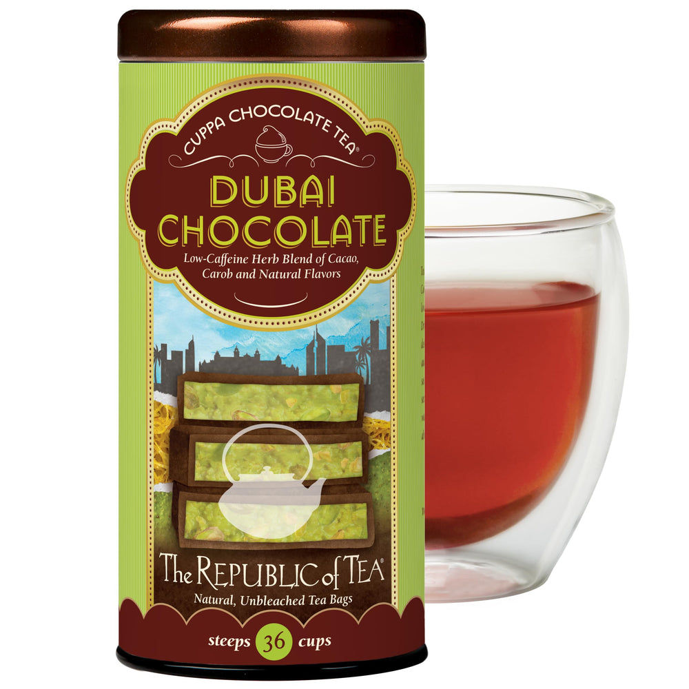 The Republic of Tea Dubai Chocolate Cuppa cup-steep captures smooth, chocolatey flavor with coffee-like caffeine.