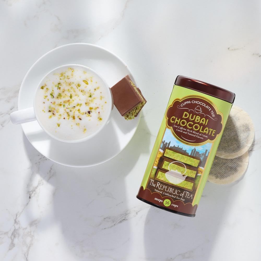 The Republic of Tea Dubai Chocolate Cuppa gluten-free and kosher-friendly blend for inclusive tea moments.