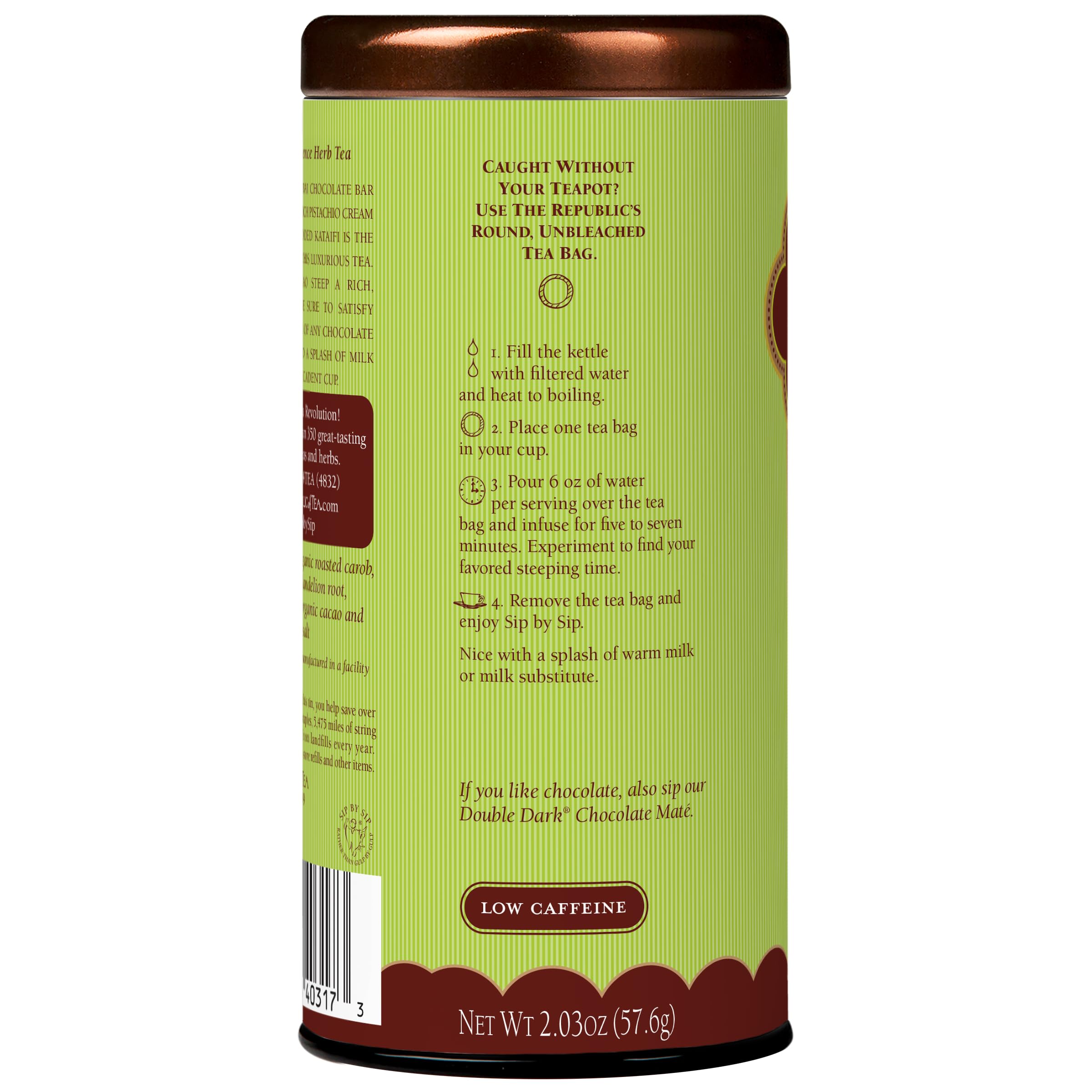 The Republic of Tea Dubai Chocolate Cuppa pistachio-cream note enriches aroma and texture.