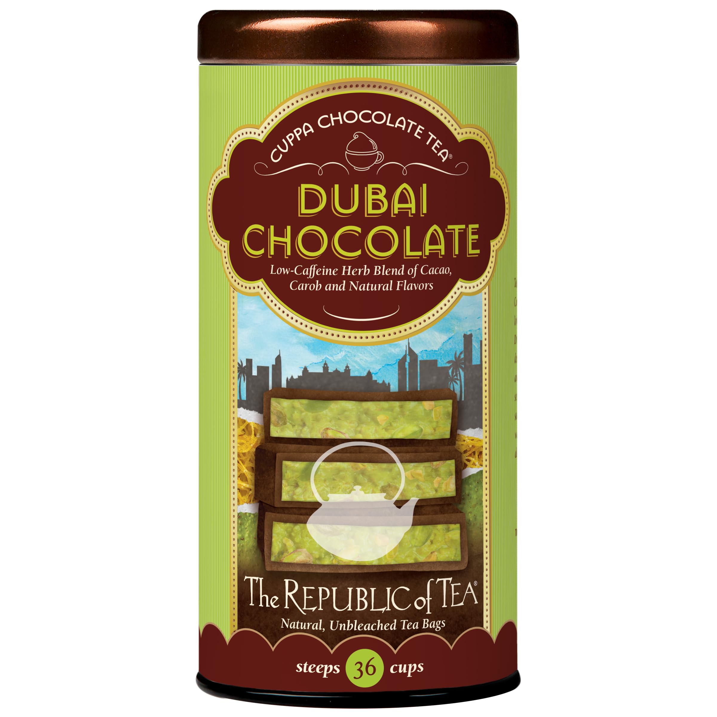 The Republic of Tea Dubai Chocolate Cuppa tea bags offer rich aroma and indulgent cacao notes.